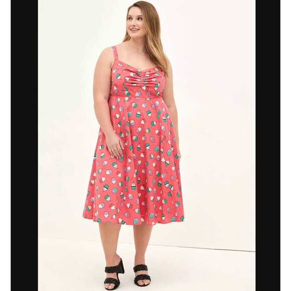 Torrid Cupcake Midi Poplin Dress 1X 14 16 Fit Flare Pink Sweetheart Pockets NWT - Picture 3 of 10